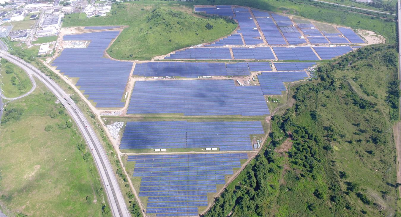 Aerial view of industrial solar panel installation