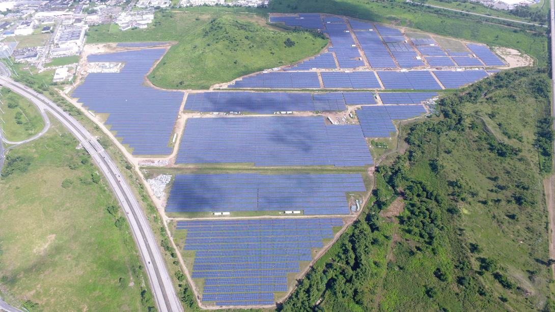 Aerial view of industrial solar panel installation